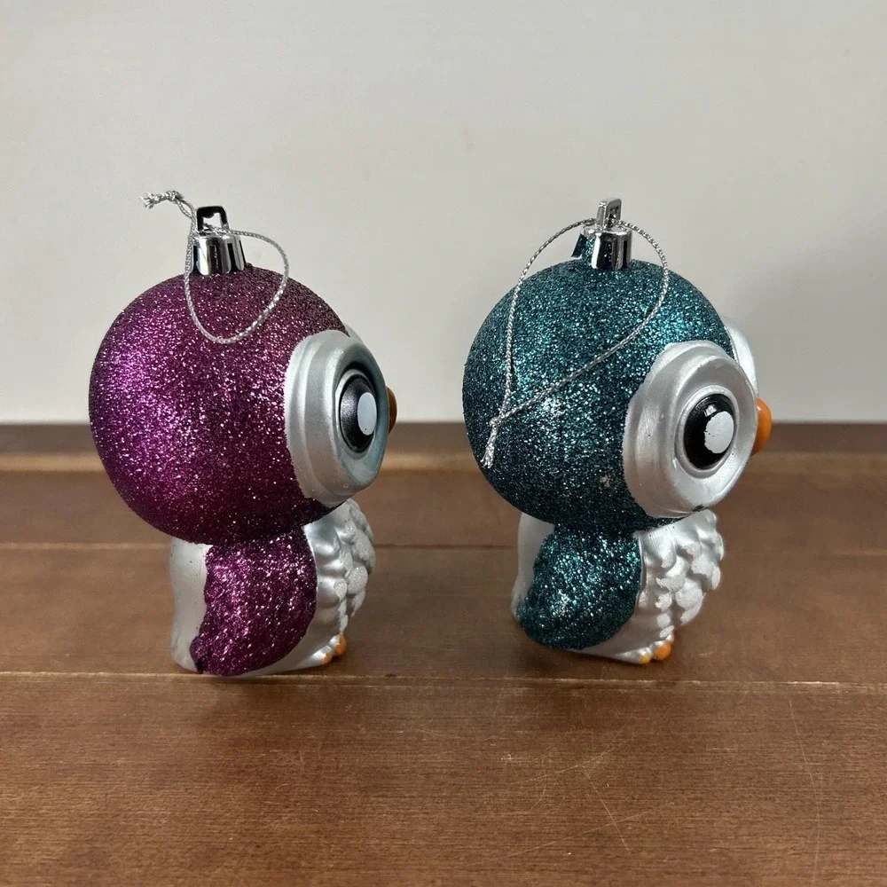 Set of 2, Christmas Owl Birds Pink Blue Glitter Plastic Body 4